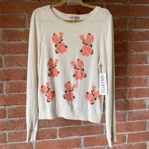 Wildfox Couture Pink Rose Floral Sweater Cream